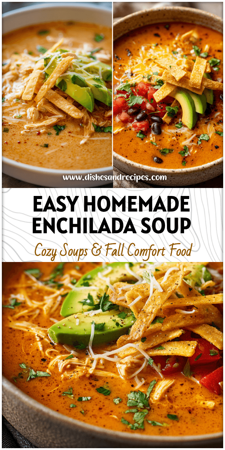 A bowl of creamy Homemade Chicken Enchilada Soup topped with shredded cheese, avocado slices, and tortilla strips.